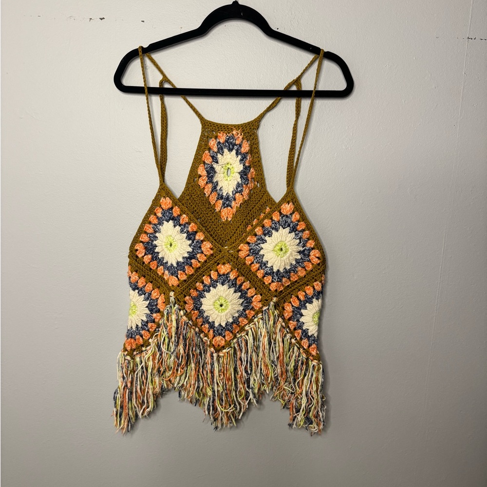 Free People Mustard Multi Crochet Fringe top